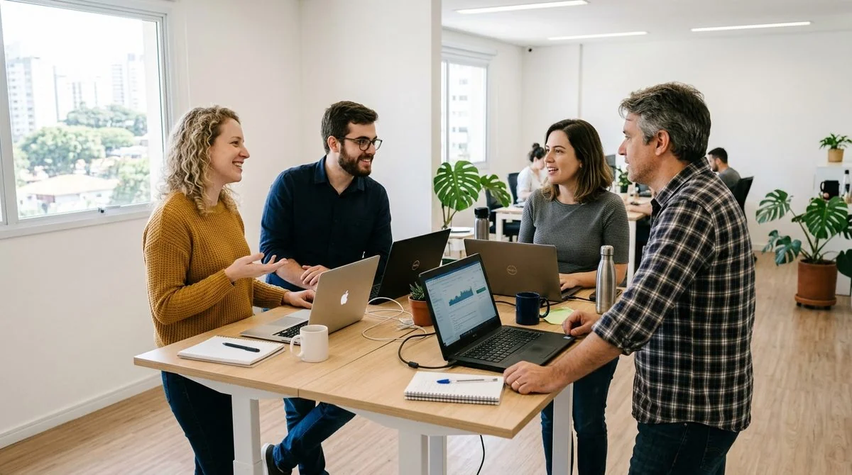 Quatro profissionais conversam em torno de uma mesa com notebooks
